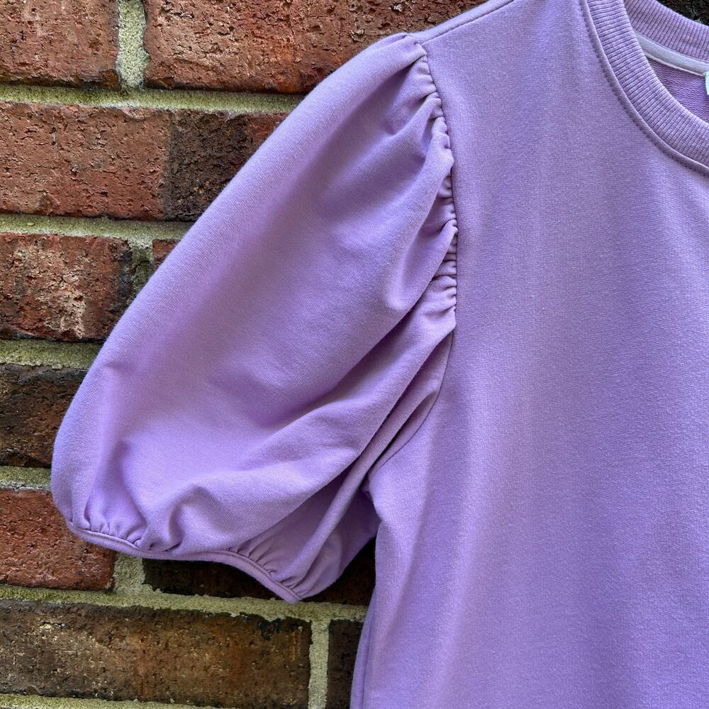 English Factory Knit Woven Mixed Dress Lilac Purple Puff Sleeve Mini Size Small - Picture 4 of 9